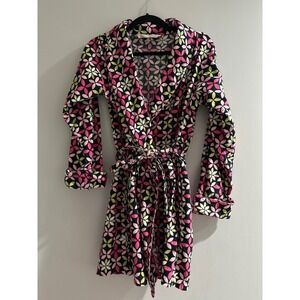 Victoria's Secret Floral Robe XS S Pink Green Navy Blossoms Tie Waist Rhinestone